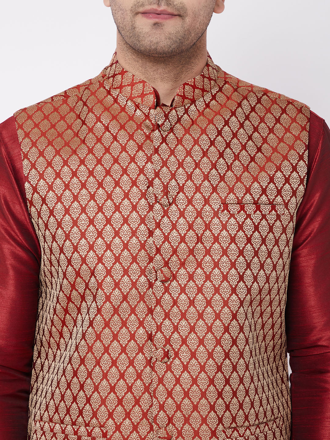Men's Maroon Silk Blend Jacket With Kurta Dhoti Set