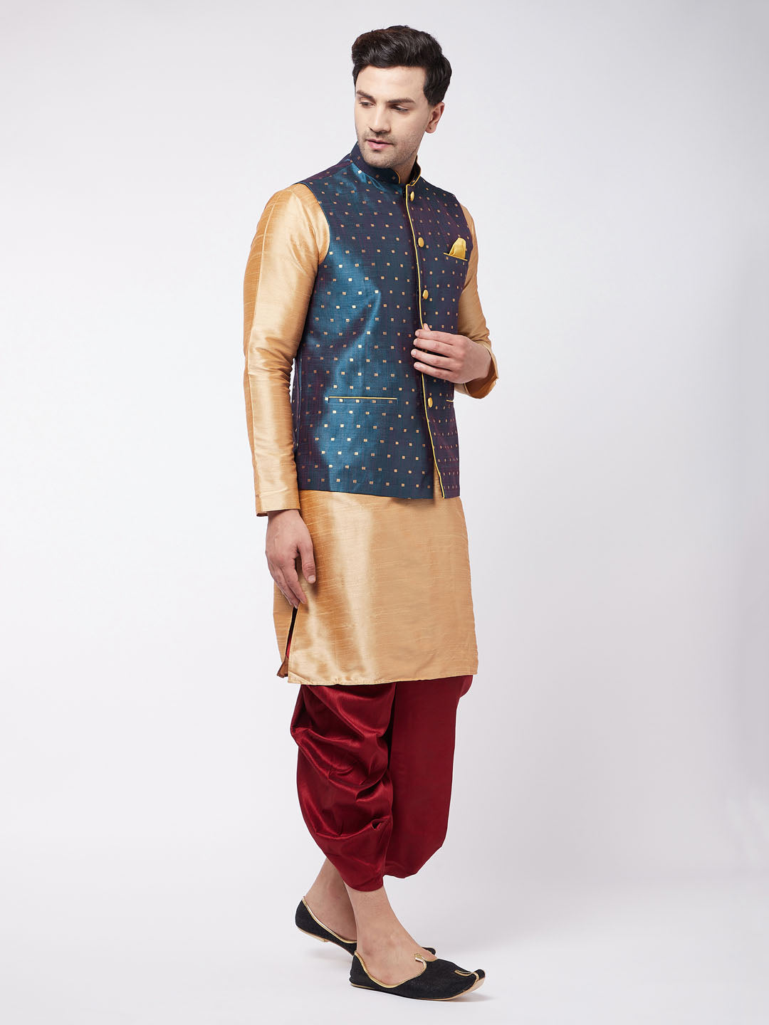 Men's Blue Zari Weaved Jacket With Kurta Dhoti Set