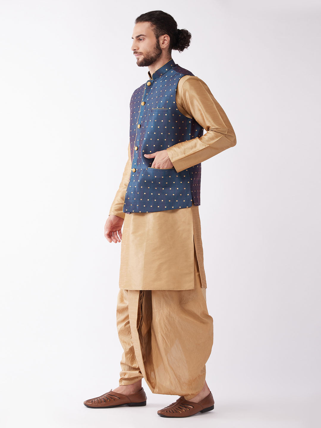 Men's Blue Zari Weaved Jacket With Kurta Dhoti Set