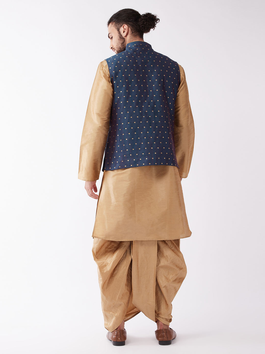 Men's Blue Zari Weaved Jacket With Kurta Dhoti Set