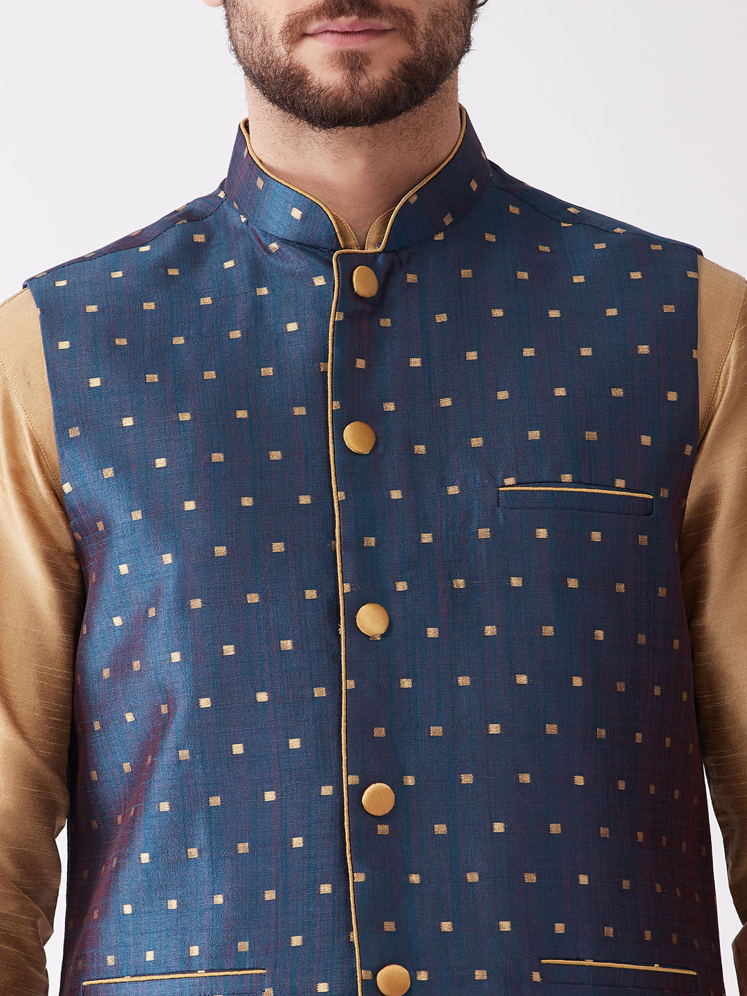 Men's Blue Zari Weaved Jacket With Kurta Dhoti Set