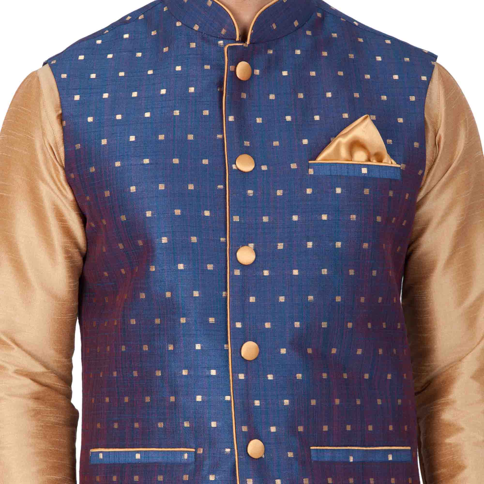 Men's Gold Cotton Silk Blend Kurta, Ethnic Jacket and Pyjama Set