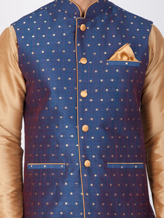 Vastramay Rose Gold and Navy Blue Silk Blend Baap Beta Jacket Kurta Pyjama set