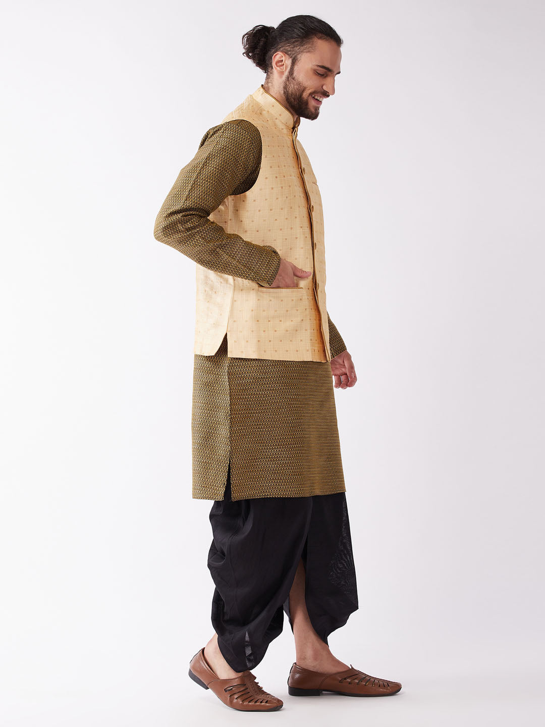 Men's Gold Zari Weaved Jacket With Kurta Dhoti Set