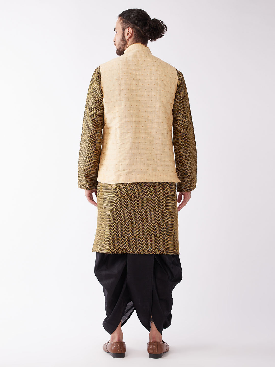 Men's Gold Zari Weaved Jacket With Kurta Dhoti Set