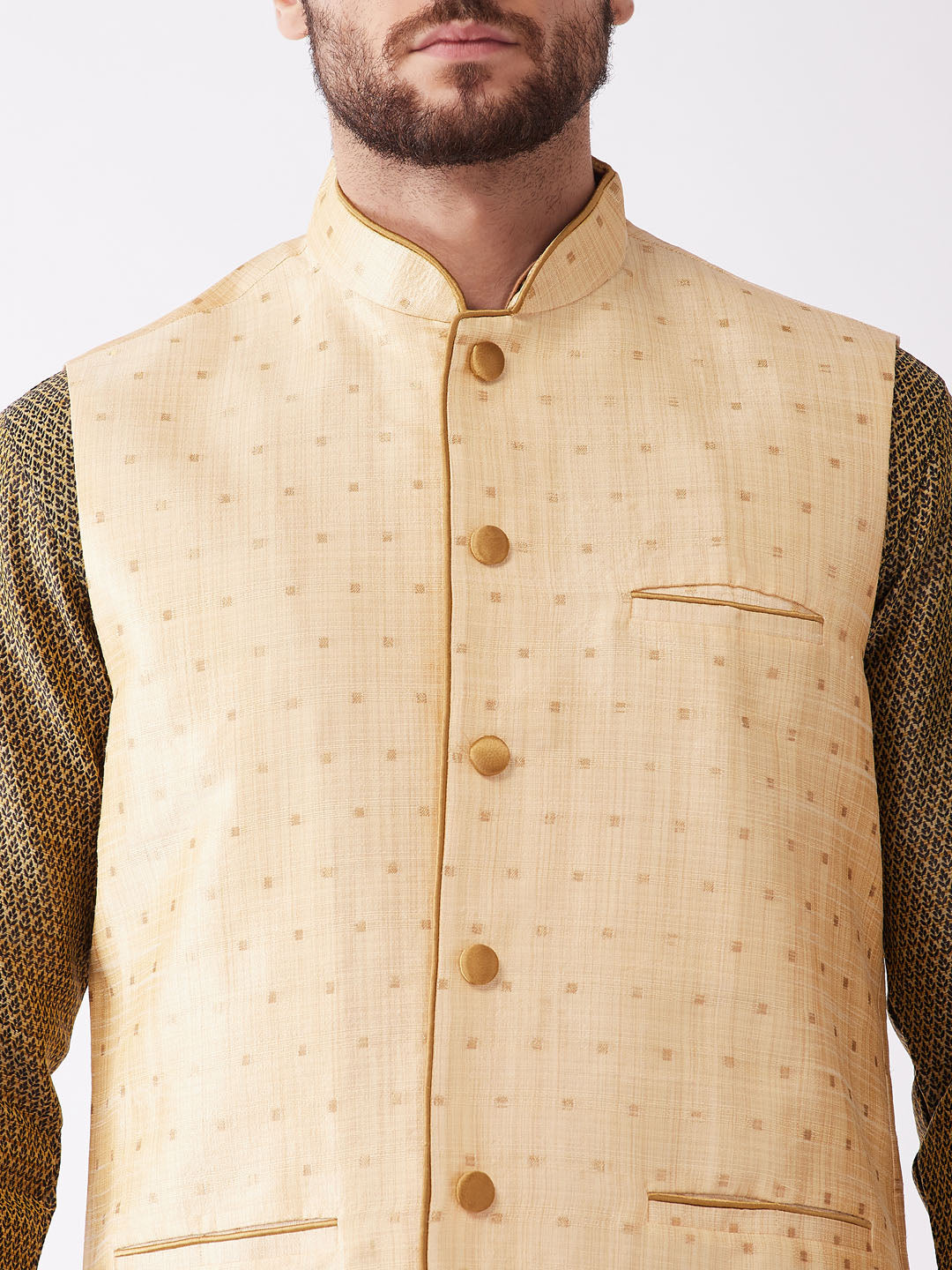 Men's Gold Zari Weaved Jacket With Kurta Dhoti Set