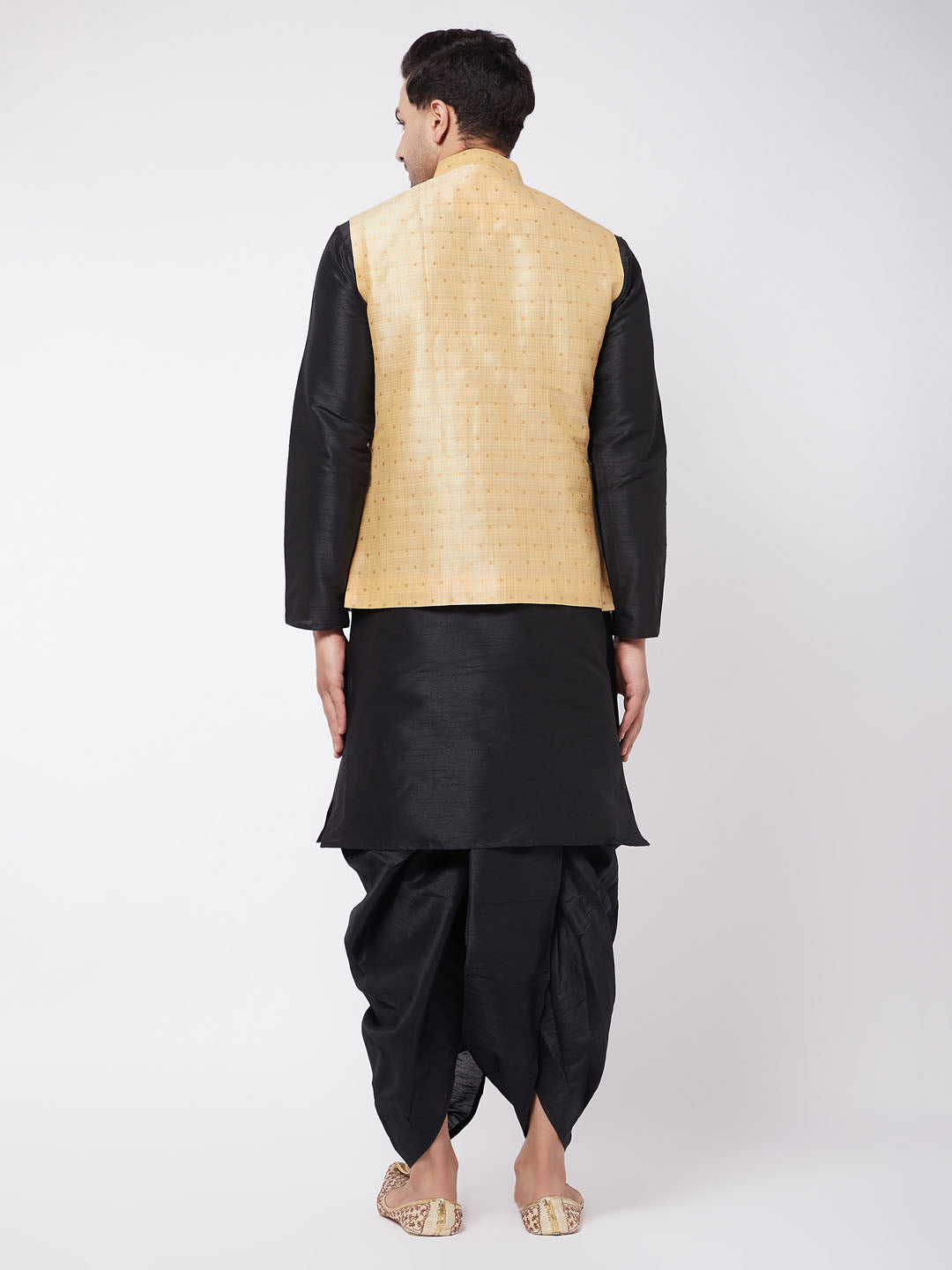 Men's Gold Zari Weaved Jacket With Kurta Dhoti Set