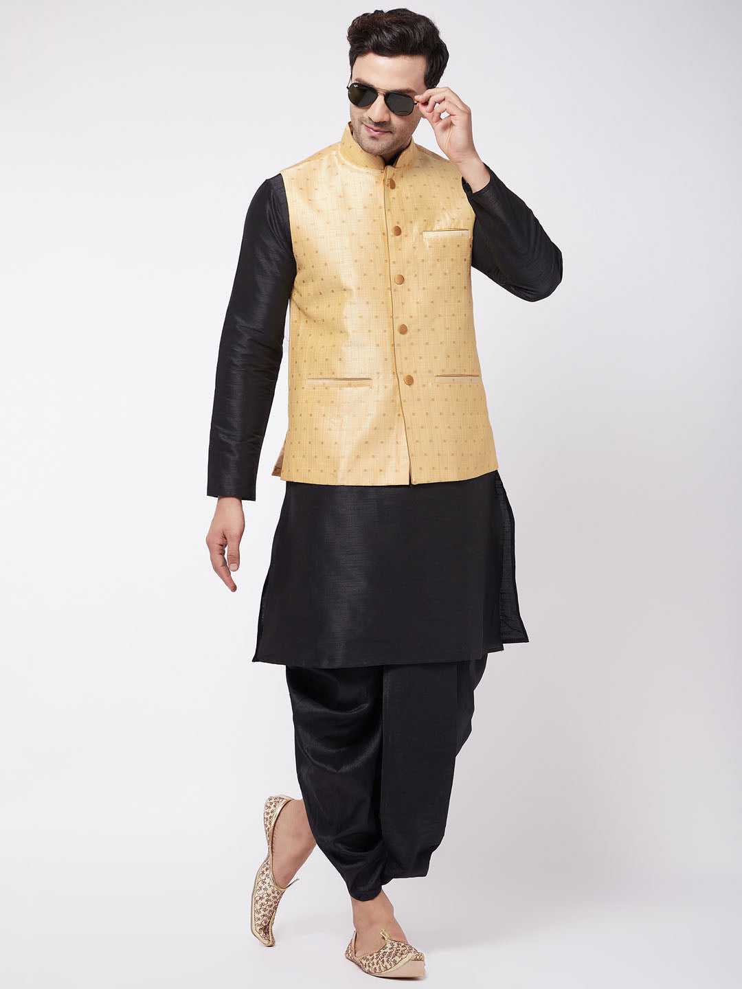 Men's Gold Zari Weaved Jacket With Kurta Dhoti Set