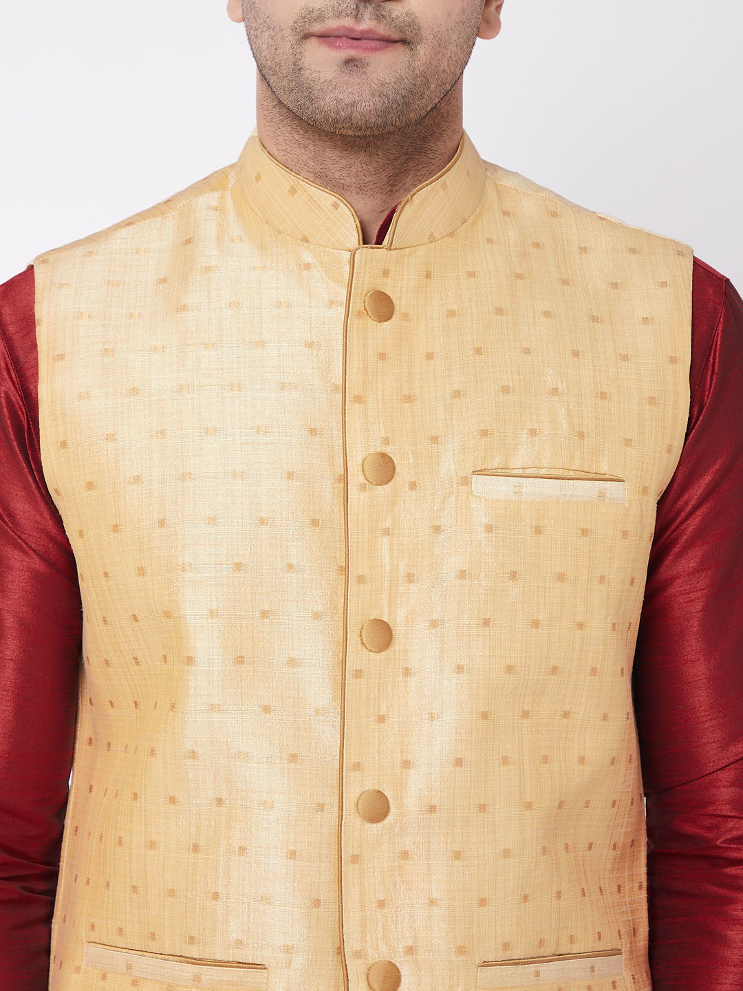 Men's Gold Zari Weaved Jacket With Kurta Dhoti Set