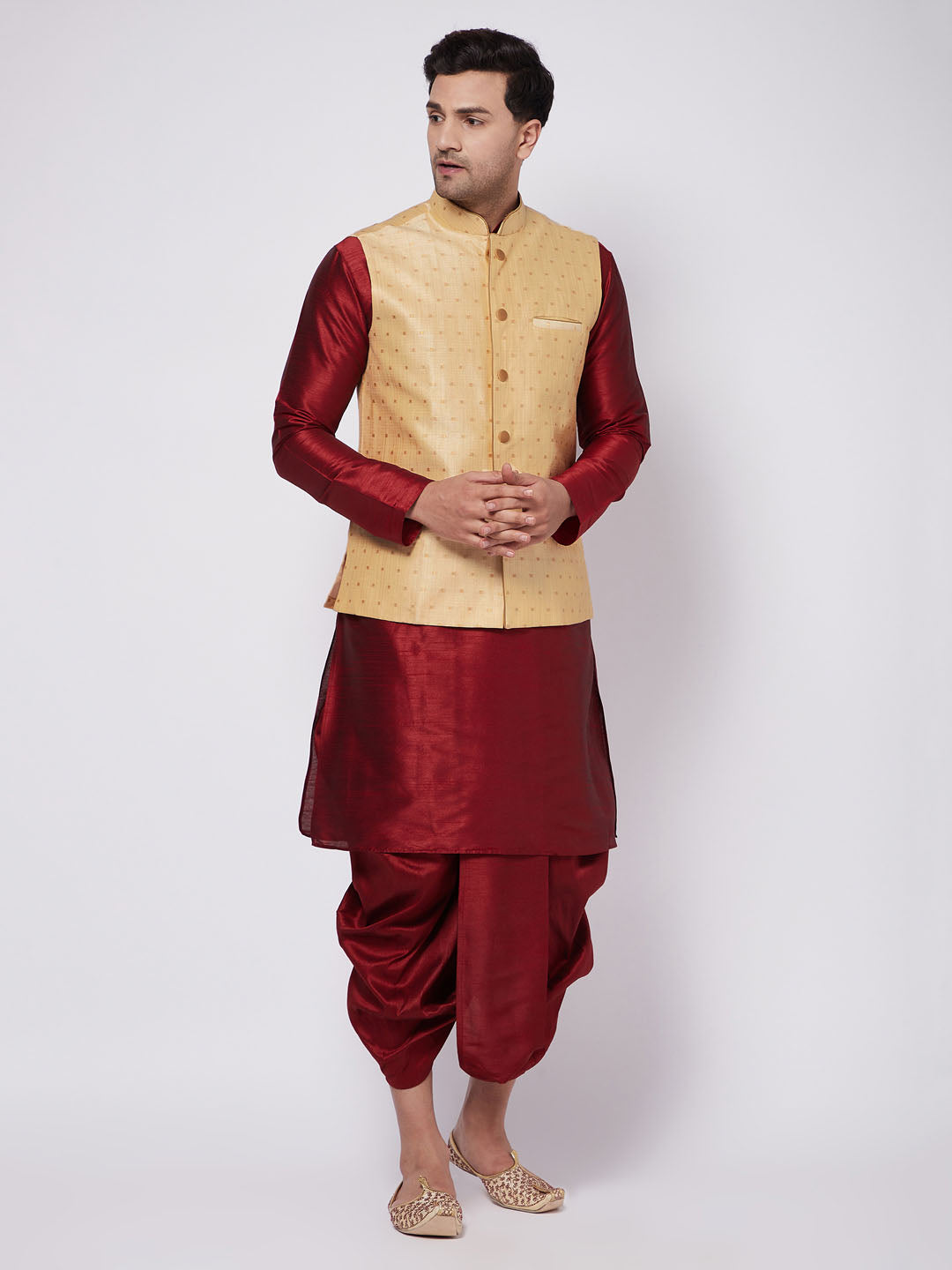Men's Maroon Zari Weaved Jacket With Kurta Dhoti Set