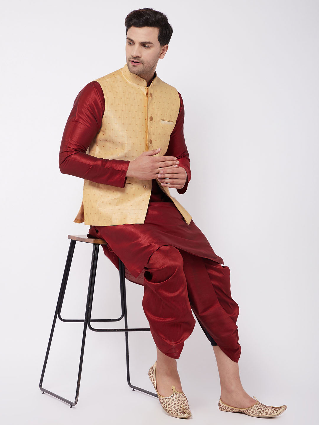Men's Maroon Zari Weaved Jacket With Kurta Dhoti Set