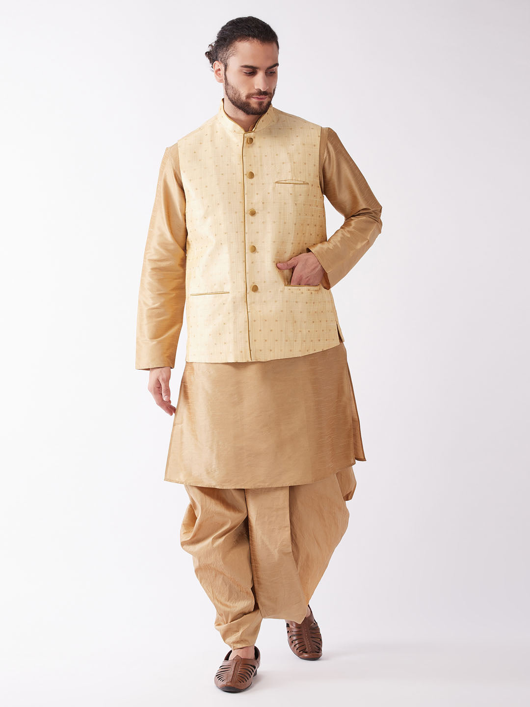 Men's Gold Zari Weaved Jacket With Kurta Dhoti Set