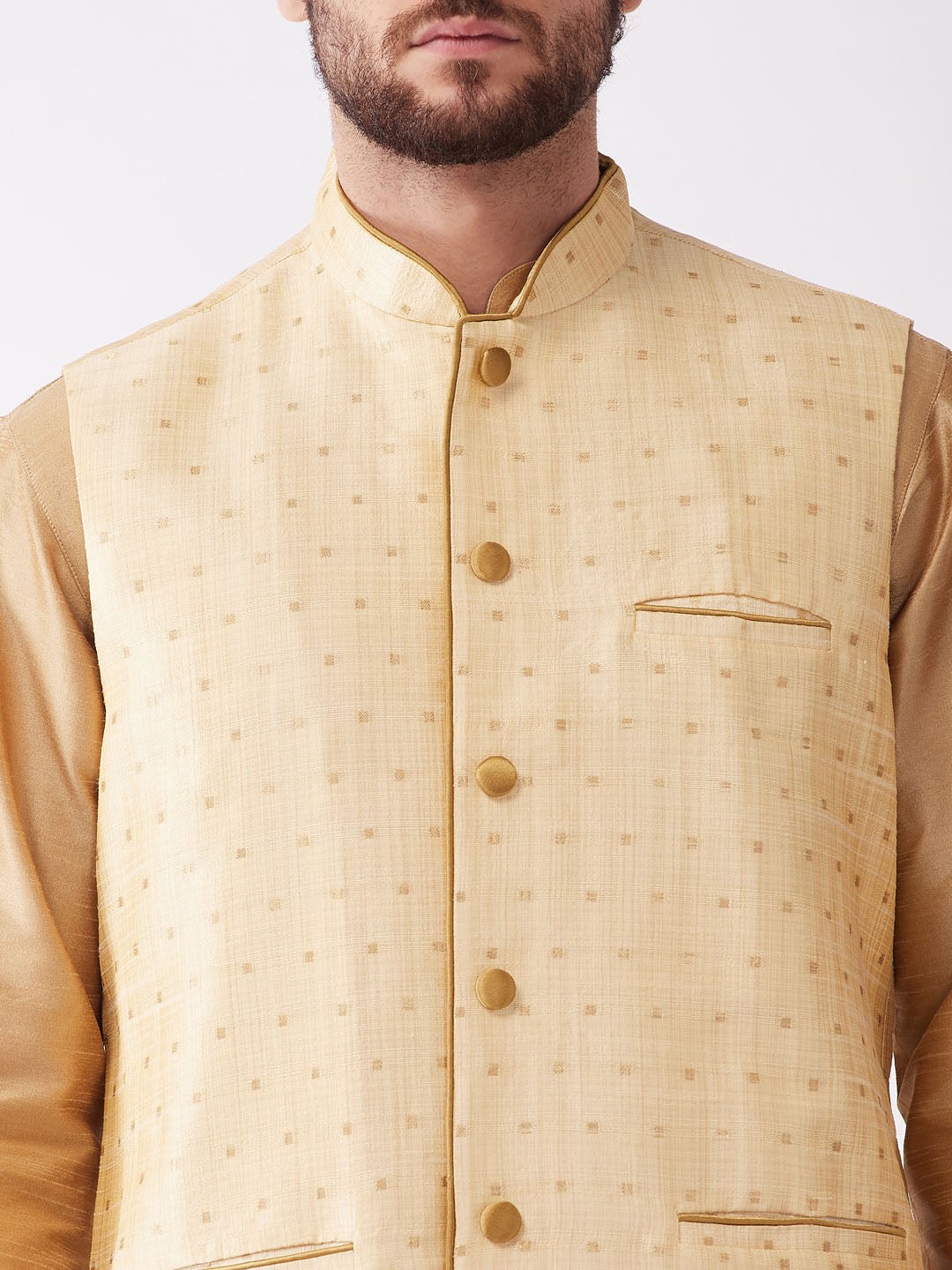 Men's Gold Zari Weaved Jacket With Kurta Dhoti Set
