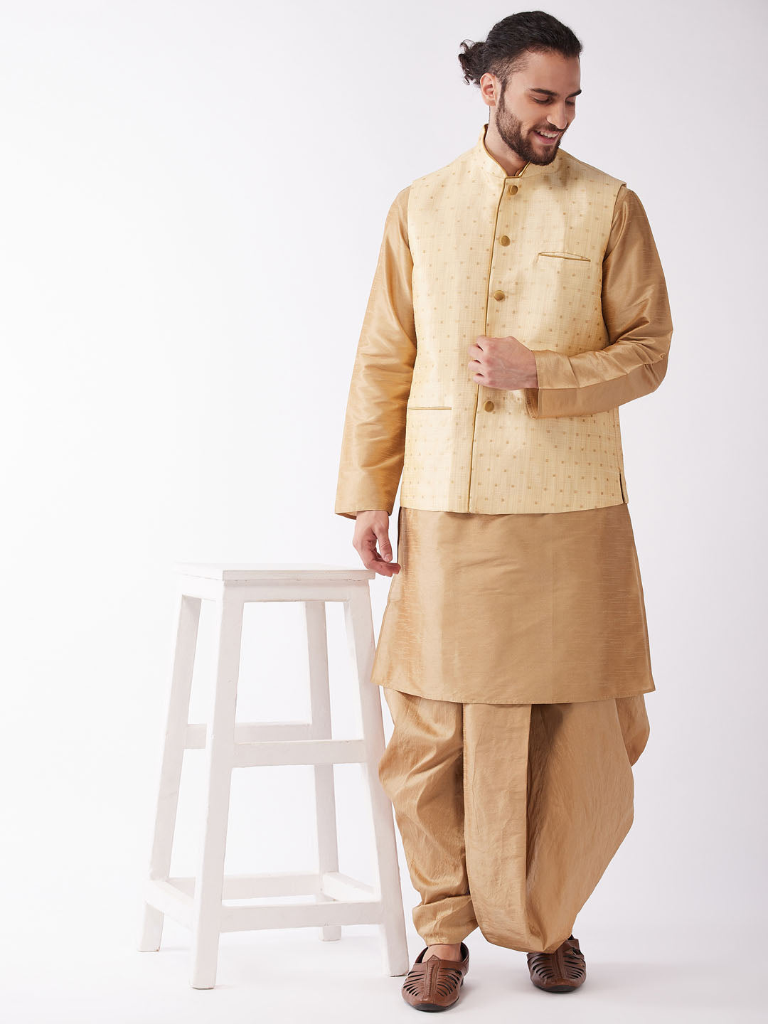 Men's Gold Zari Weaved Jacket With Kurta Dhoti Set