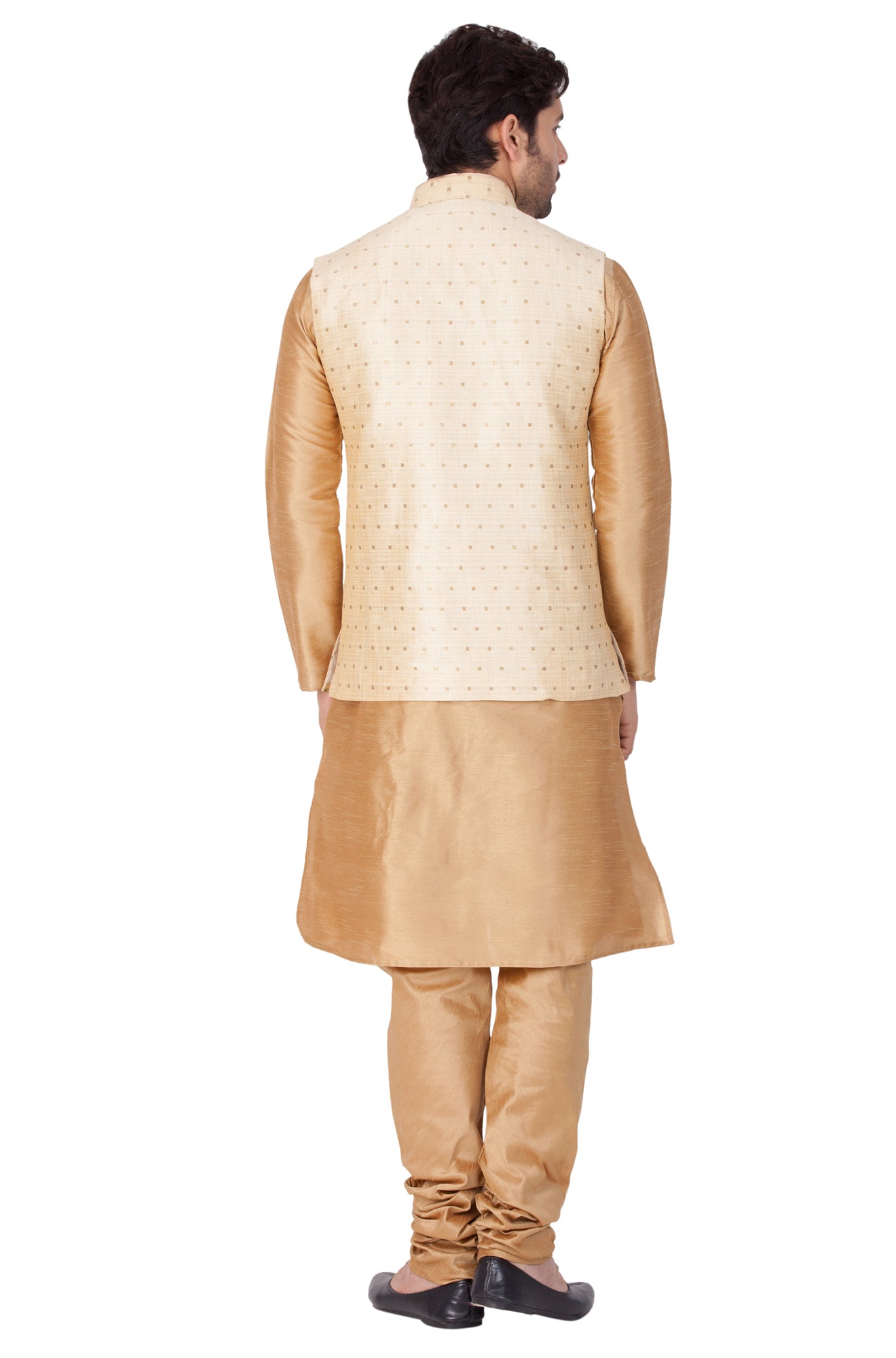 Men's Gold Cotton Silk Blend Kurta, Ethnic Jacket and Pyjama Set