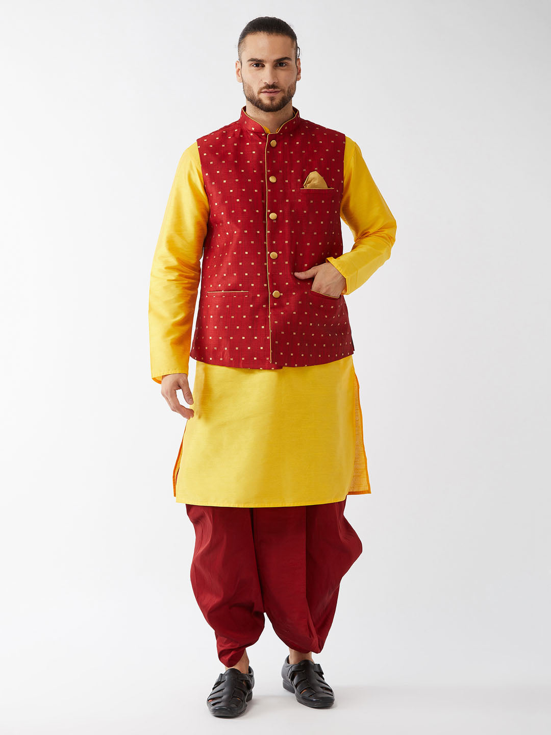 Men's Maroon Zari Weaved Jacket With Kurta Dhoti Set
