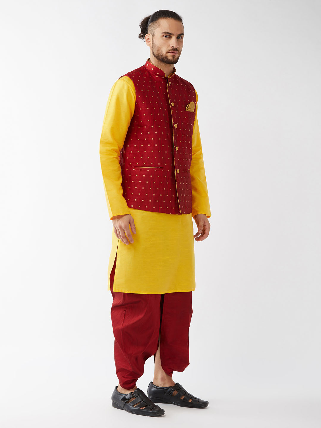 Men's Maroon Zari Weaved Jacket With Kurta Dhoti Set