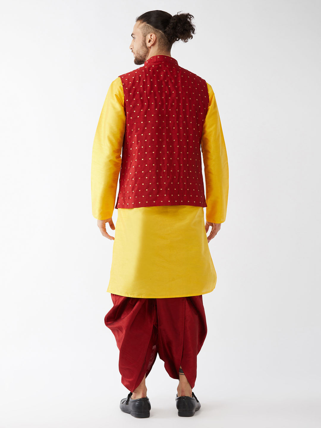 Men's Maroon Zari Weaved Jacket With Kurta Dhoti Set