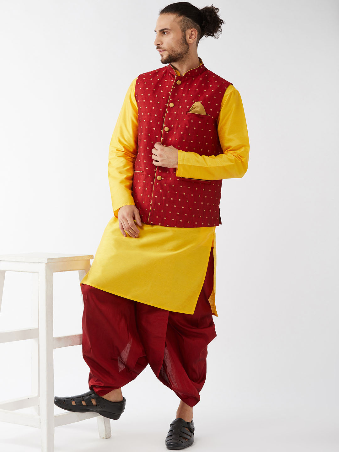 Men's Maroon Zari Weaved Jacket With Kurta Dhoti Set