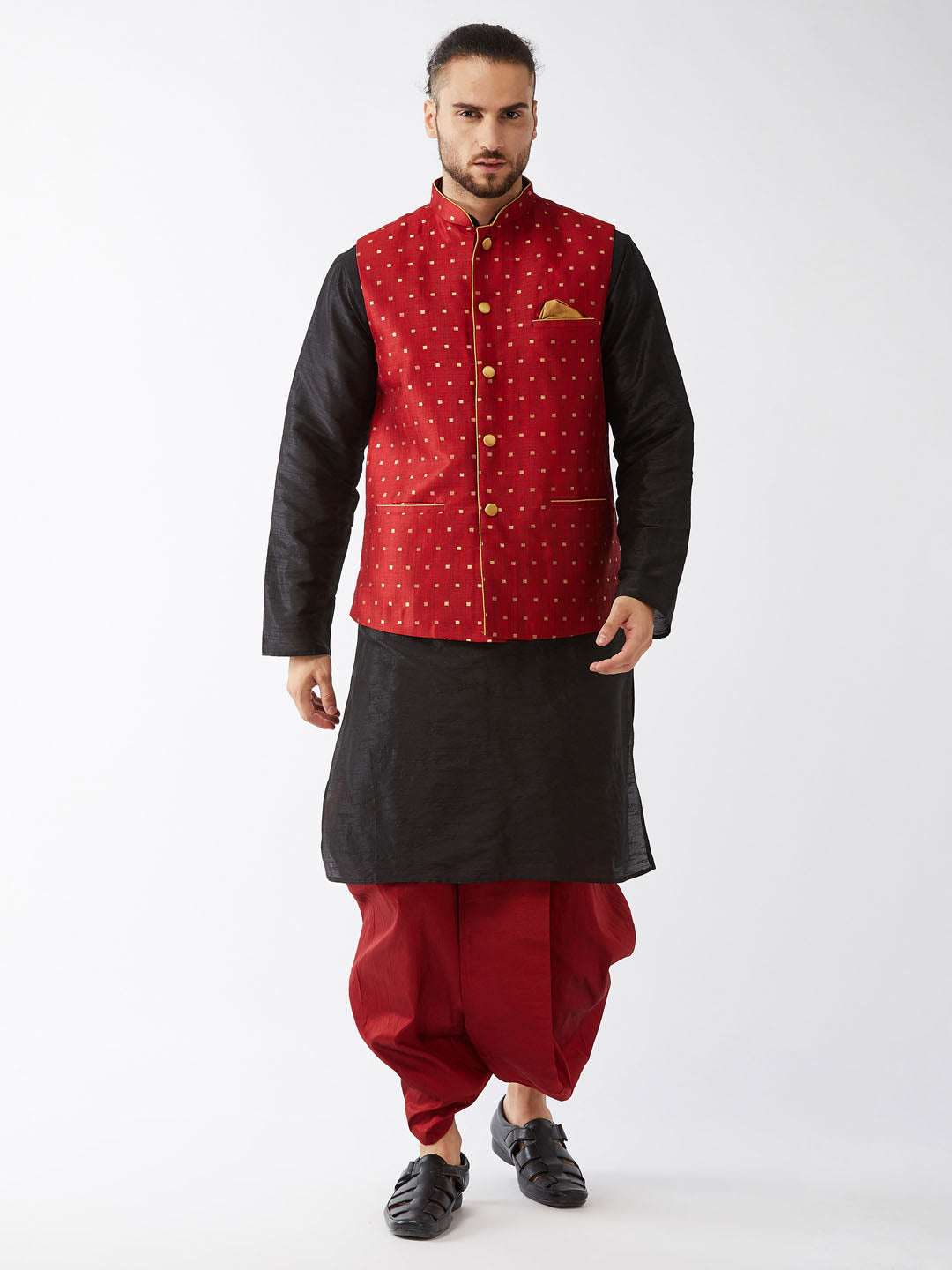 Men's Maroon Zari Weaved Jacket With Kurta Dhoti Set