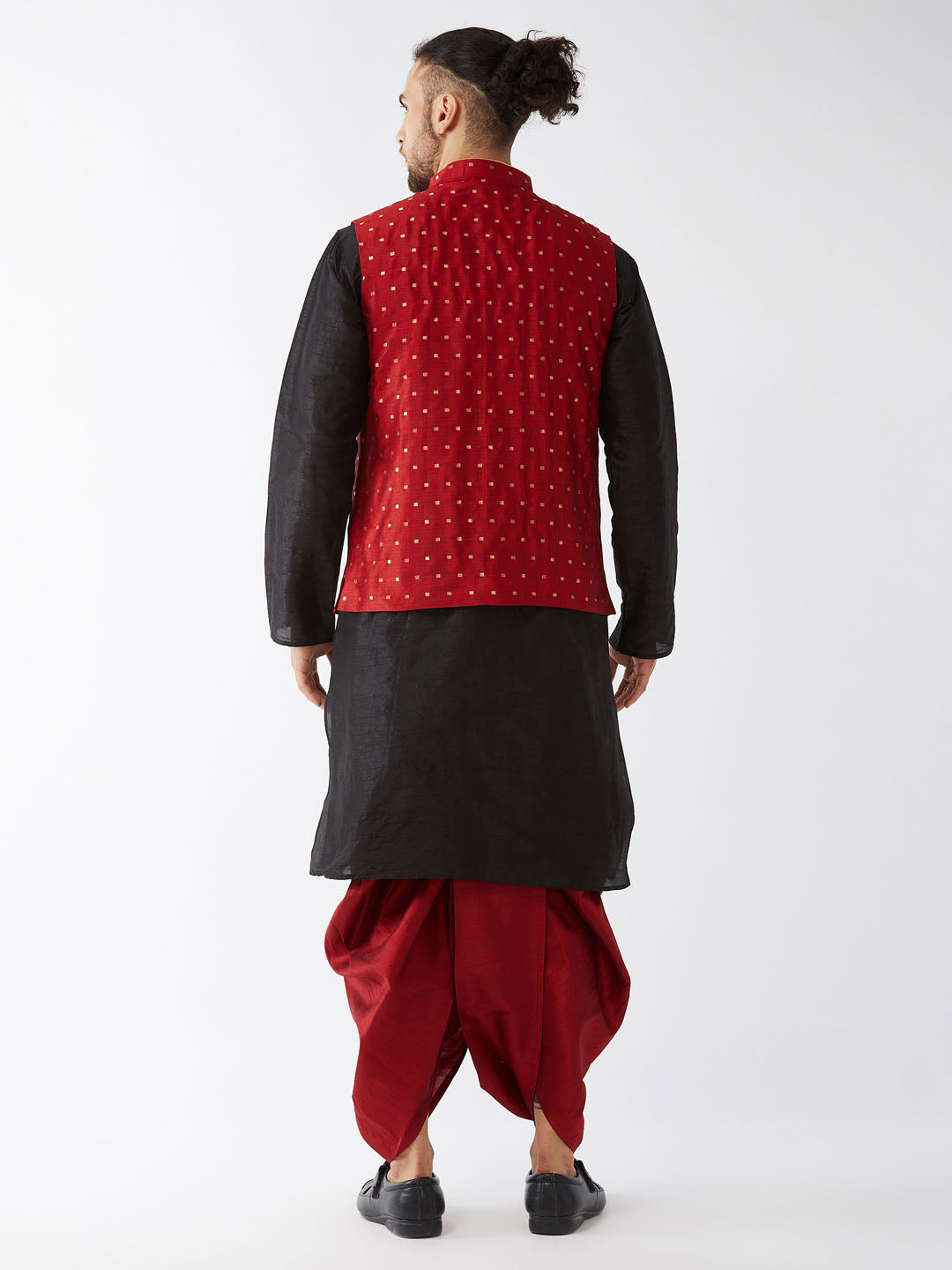 Men's Maroon Zari Weaved Jacket With Kurta Dhoti Set