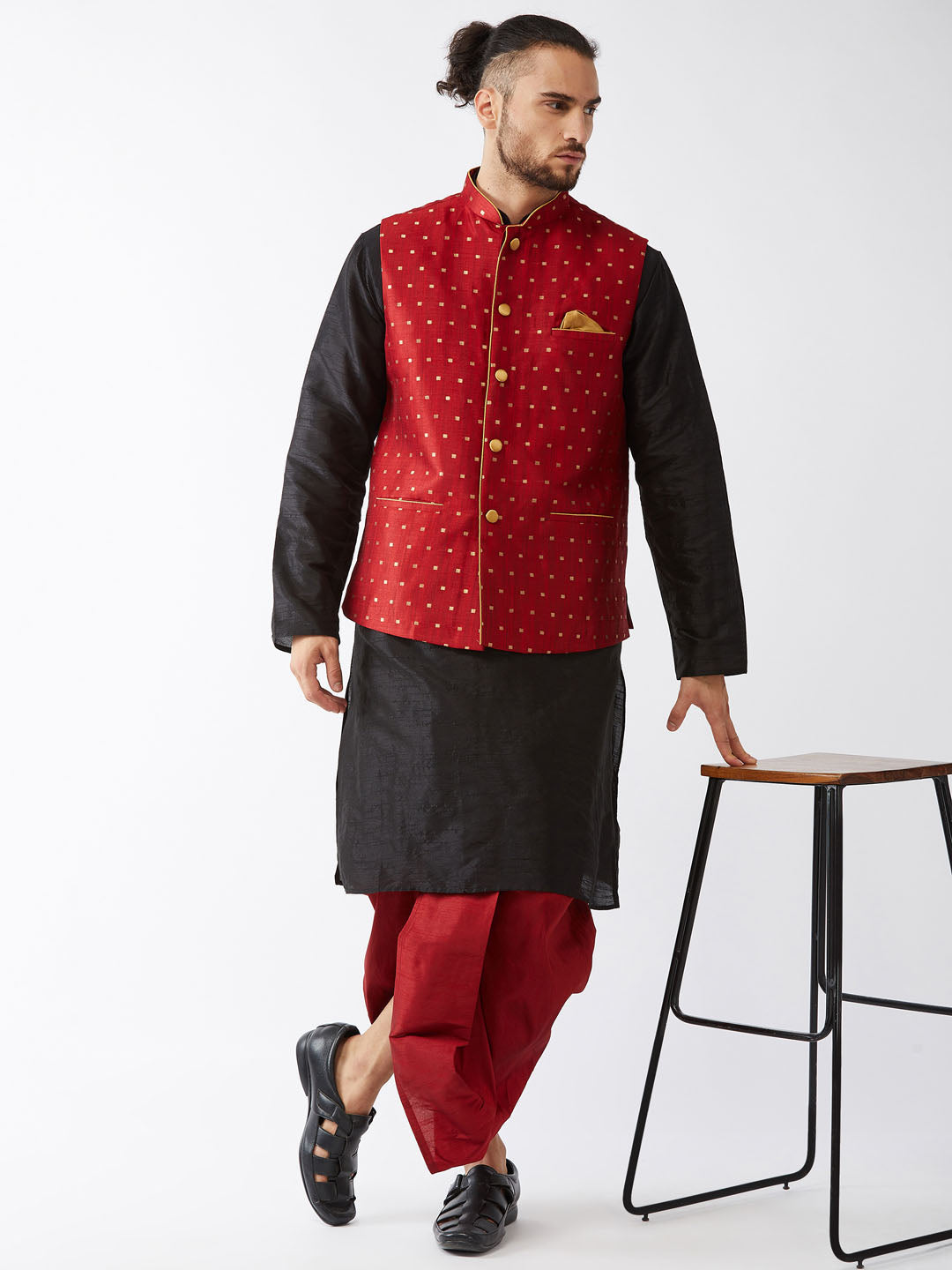 Men's Maroon Zari Weaved Jacket With Kurta Dhoti Set
