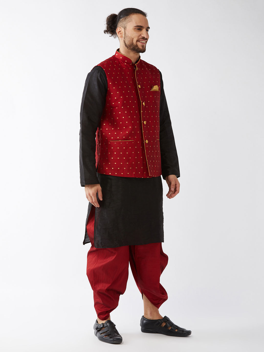 Men's Maroon Zari Weaved Jacket With Kurta Dhoti Set