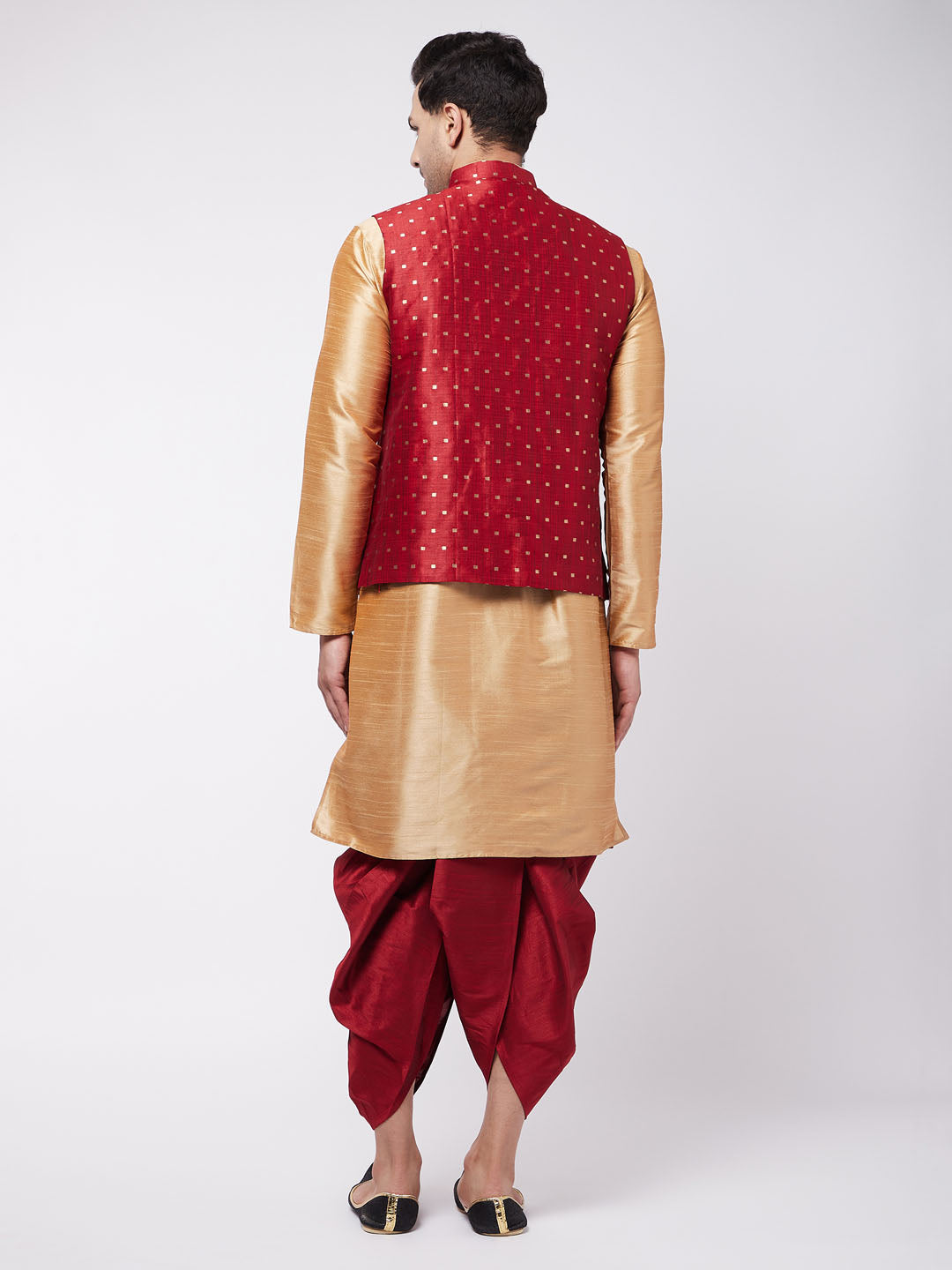 Men's Maroon Zari Weaved Jacket With Kurta Dhoti Set