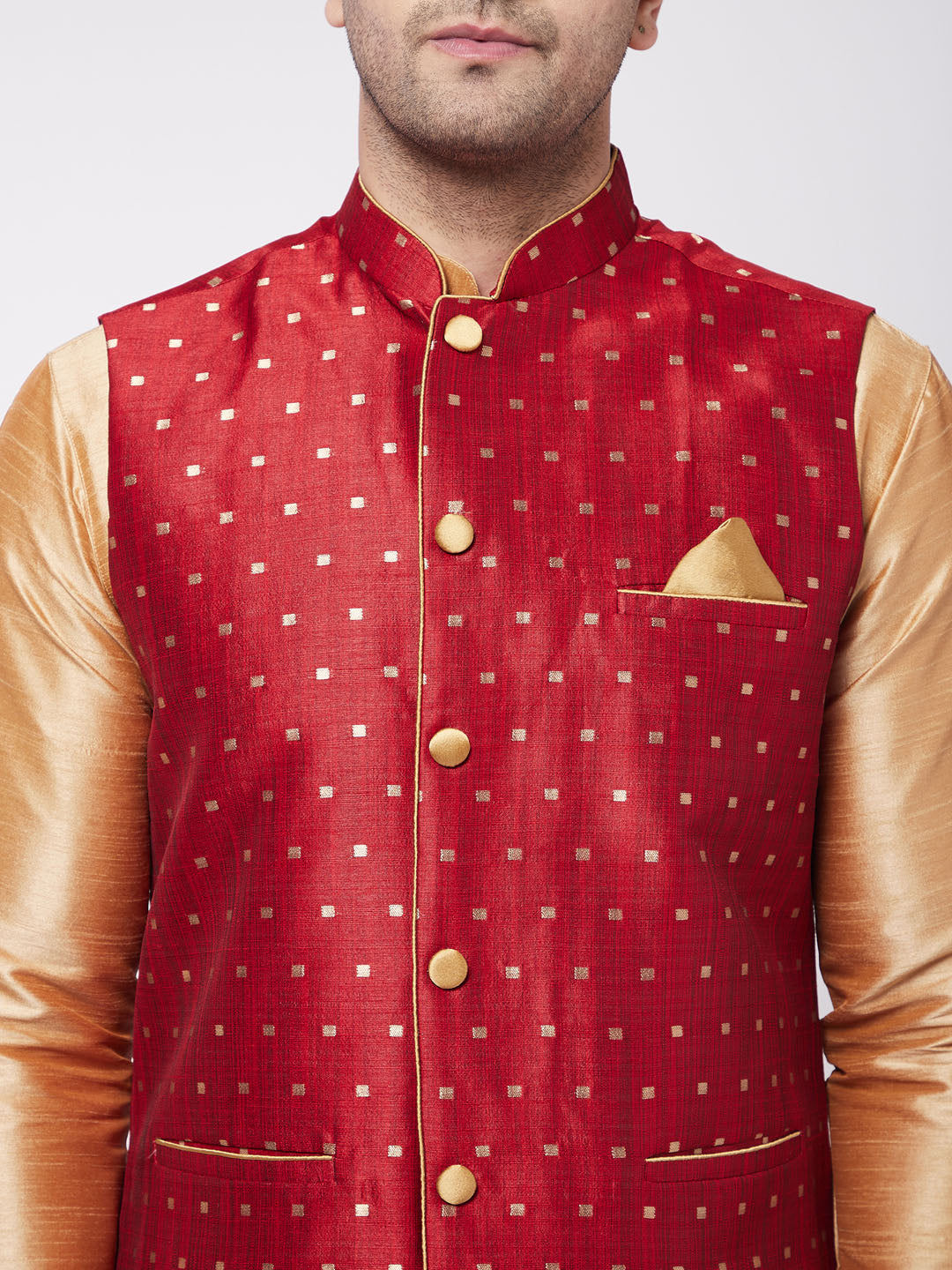 Men's Maroon Zari Weaved Jacket With Kurta Dhoti Set