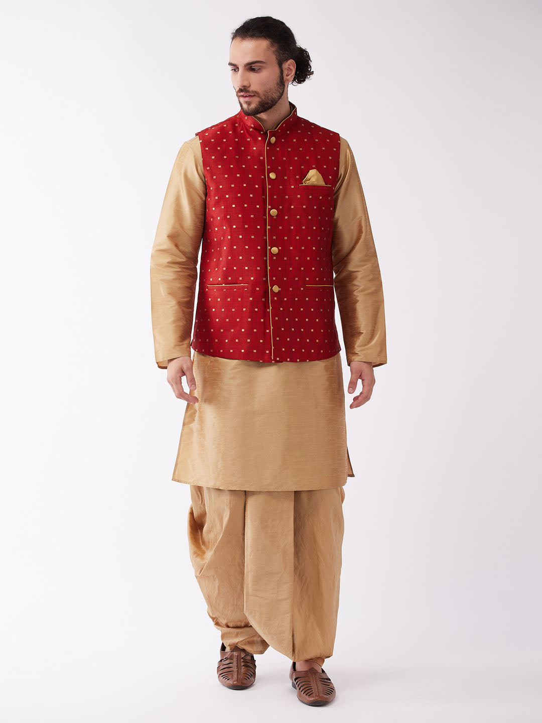 Men's Maroon Zari Weaved Jacket With Kurta Dhoti Set