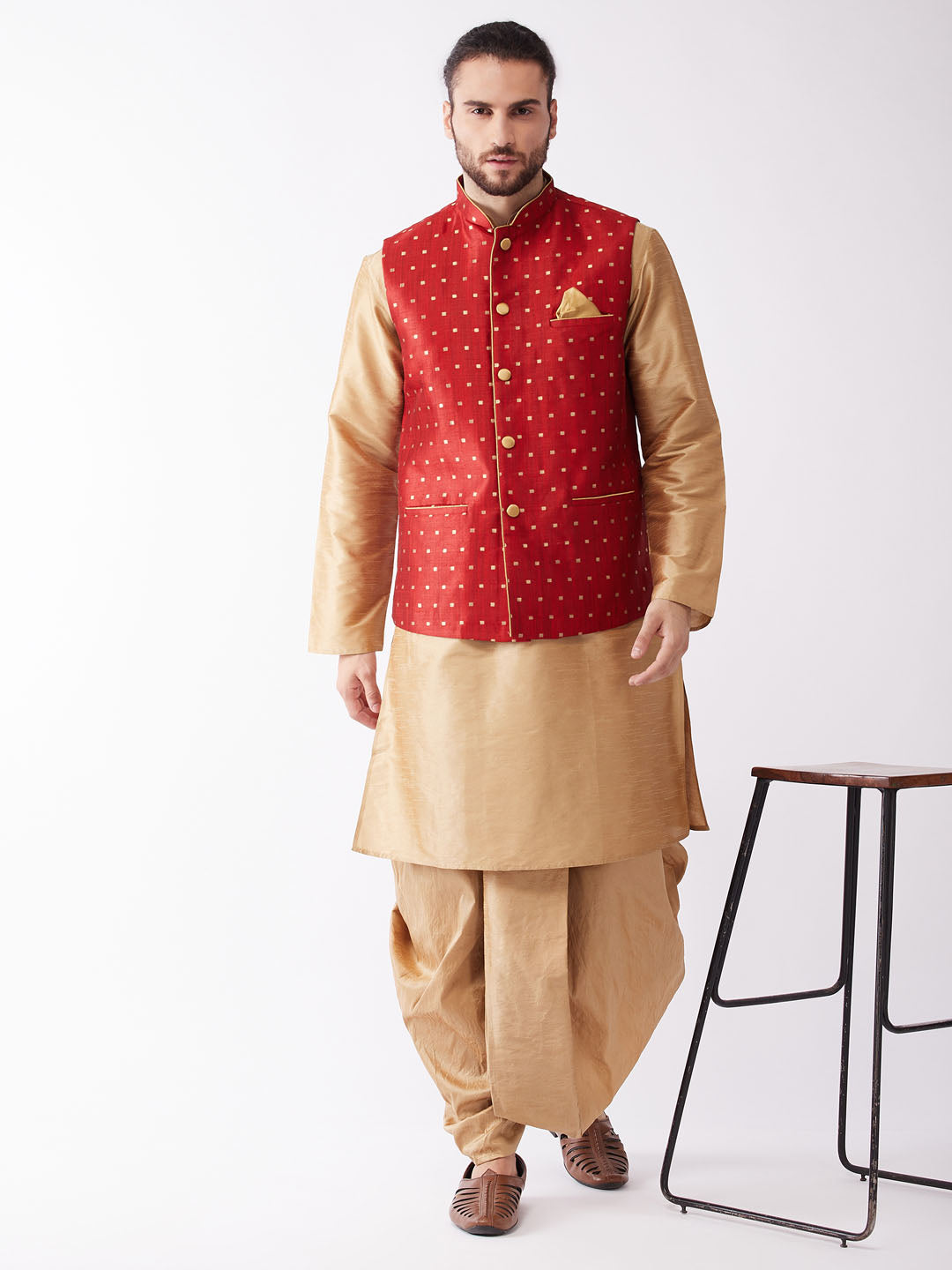 Men's Maroon Zari Weaved Jacket With Kurta Dhoti Set