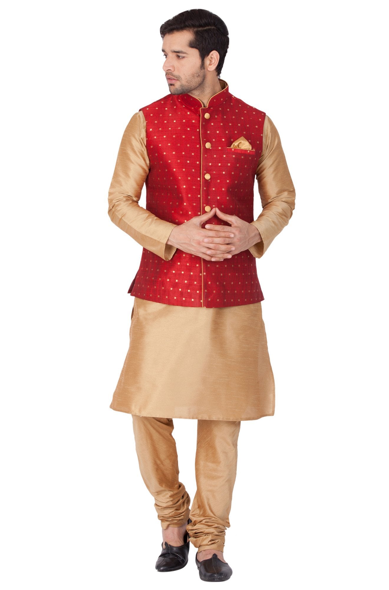 Men's Gold Cotton Silk Blend Kurta, Ethnic Jacket and Pyjama Set