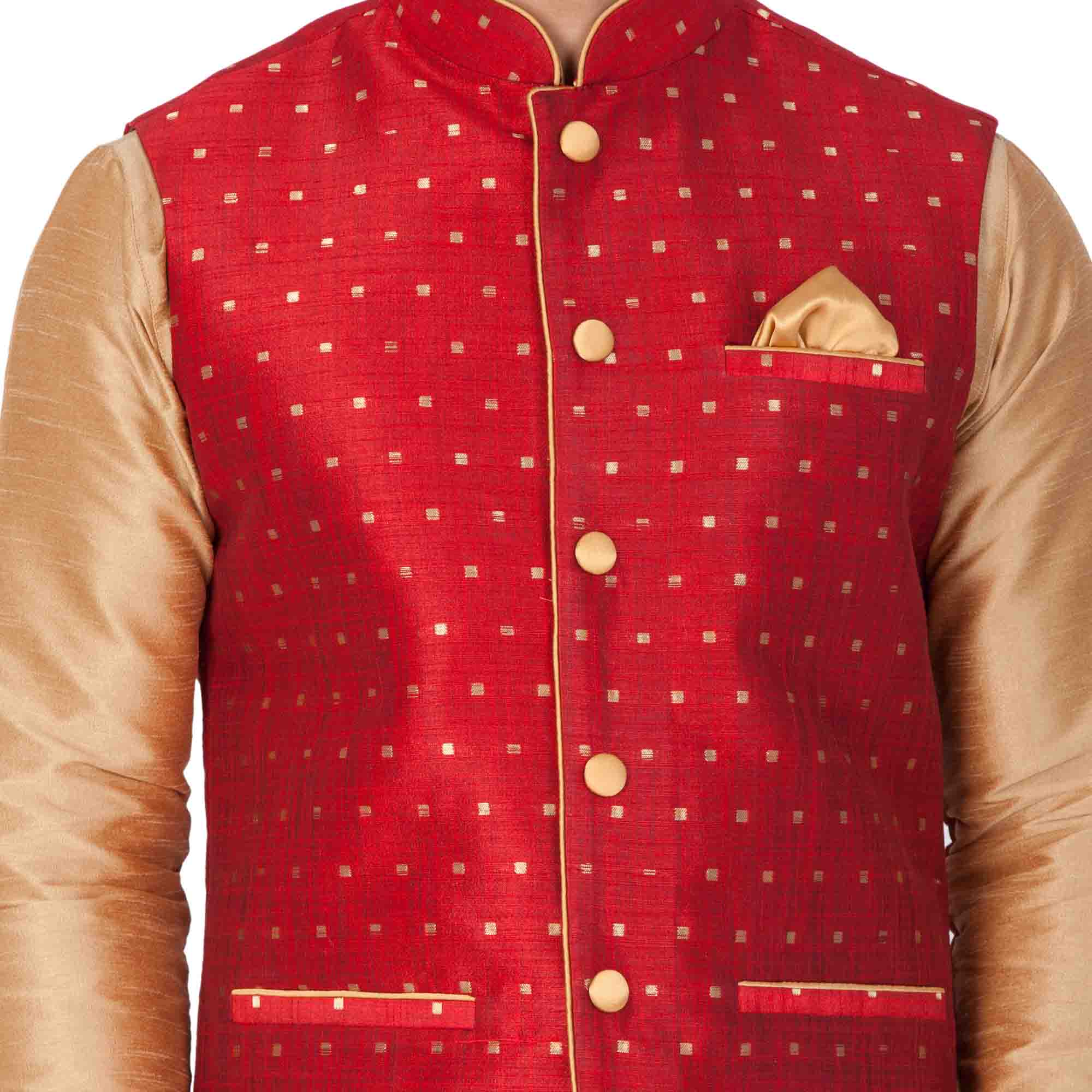 Men's Gold Cotton Silk Blend Kurta, Ethnic Jacket and Pyjama Set