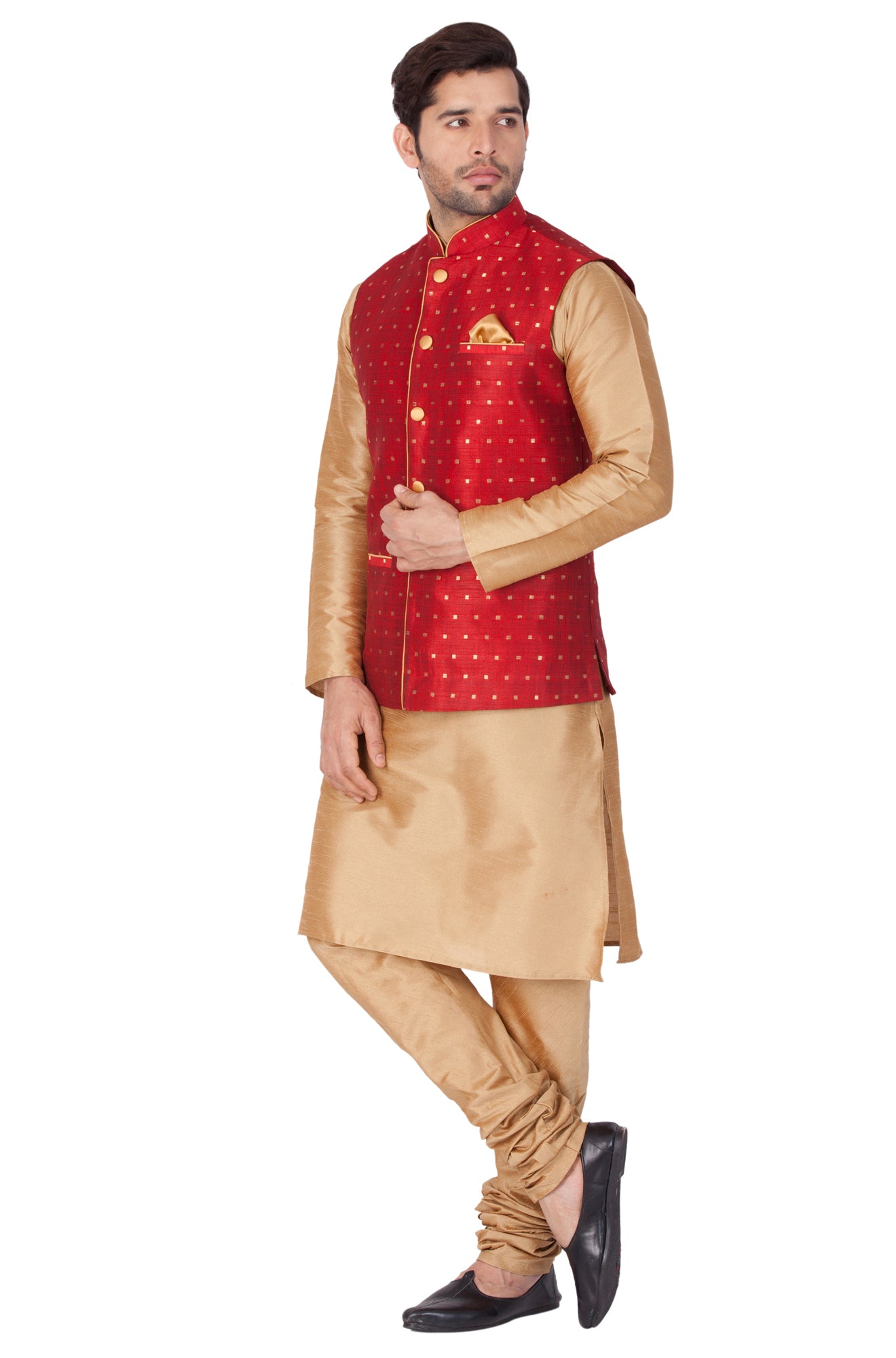 Men's Gold Cotton Silk Blend Kurta, Ethnic Jacket and Pyjama Set