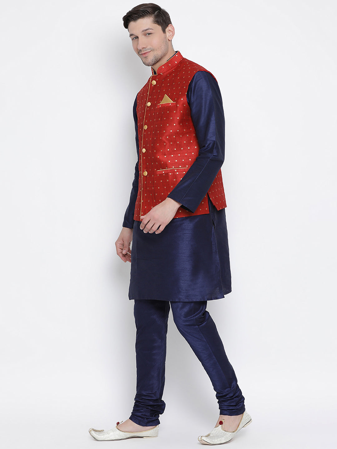 Men's Dark Blue Cotton Silk Blend Kurta, Ethnic Jacket and Pyjama Set