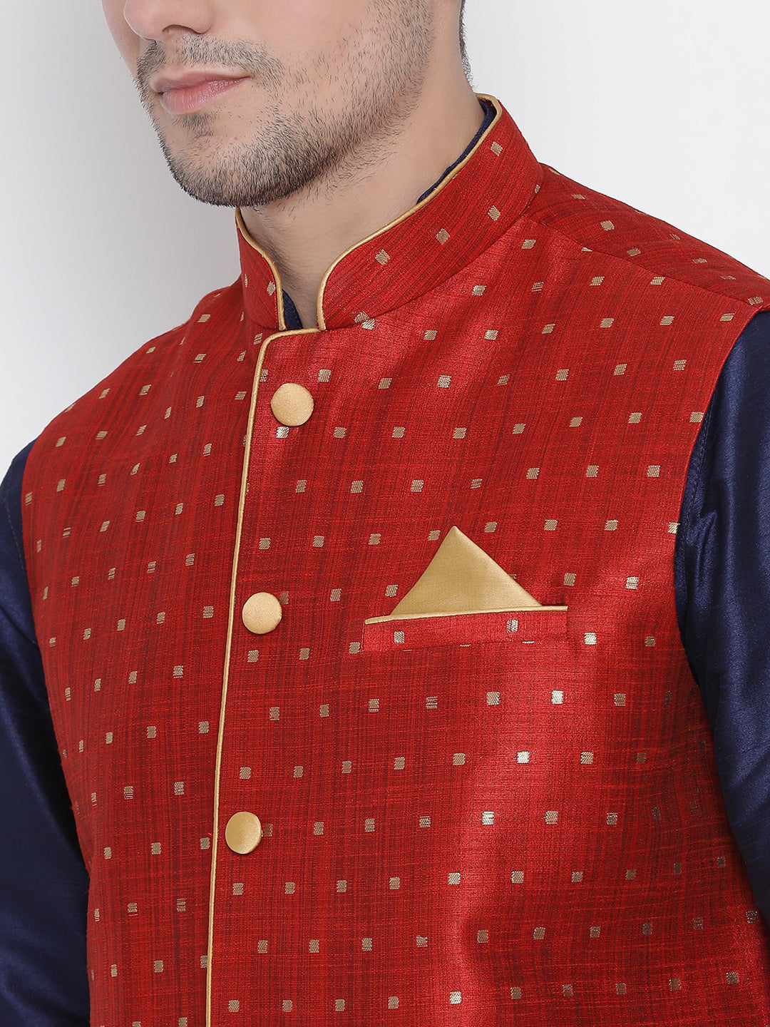 Men's Dark Blue Cotton Silk Blend Kurta, Ethnic Jacket and Pyjama Set