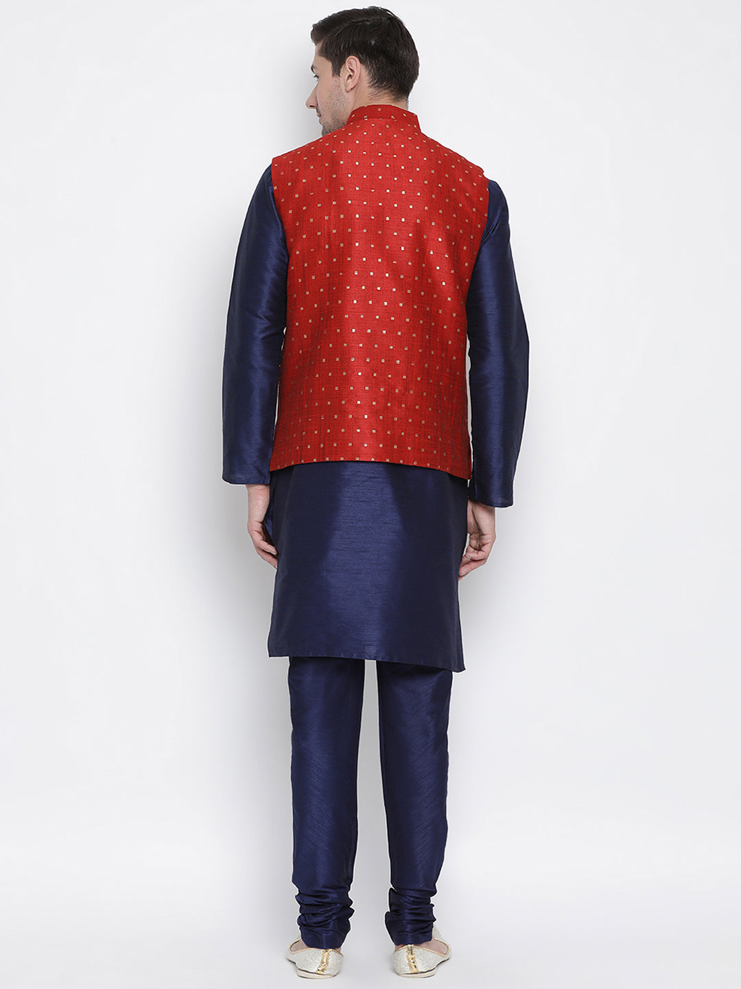 Men's Dark Blue Cotton Silk Blend Kurta, Ethnic Jacket and Pyjama Set