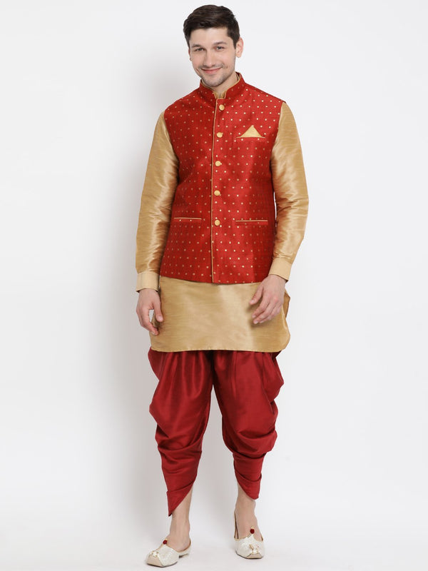 Men's Gold Cotton Silk Blend Ethnic Jacket, Kurta and Dhoti Pant Set