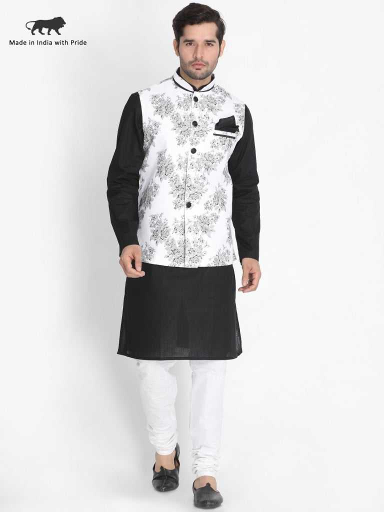 Men's Black Cotton Blend Kurta, Ethnic Jacket and Pyjama Set