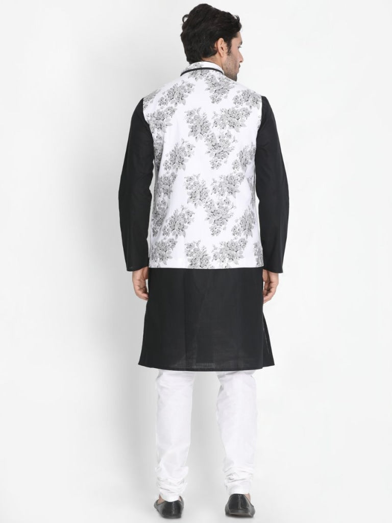 Men's Black Cotton Blend Kurta, Ethnic Jacket and Pyjama Set