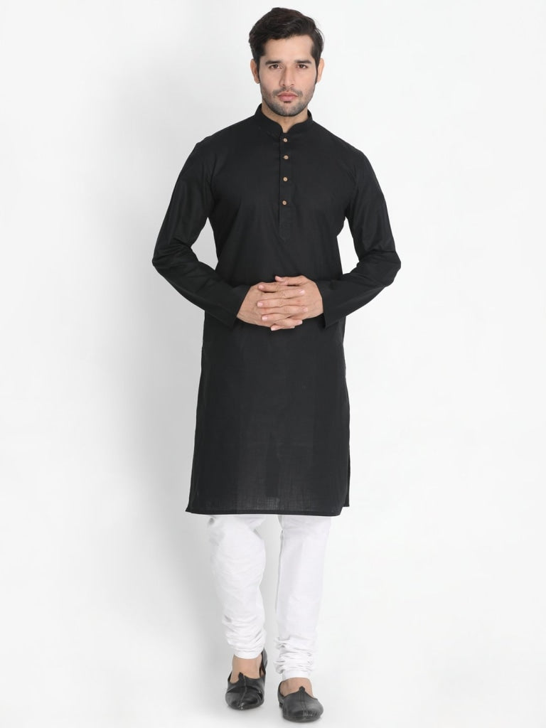 Men's Black Cotton Blend Kurta, Ethnic Jacket and Pyjama Set
