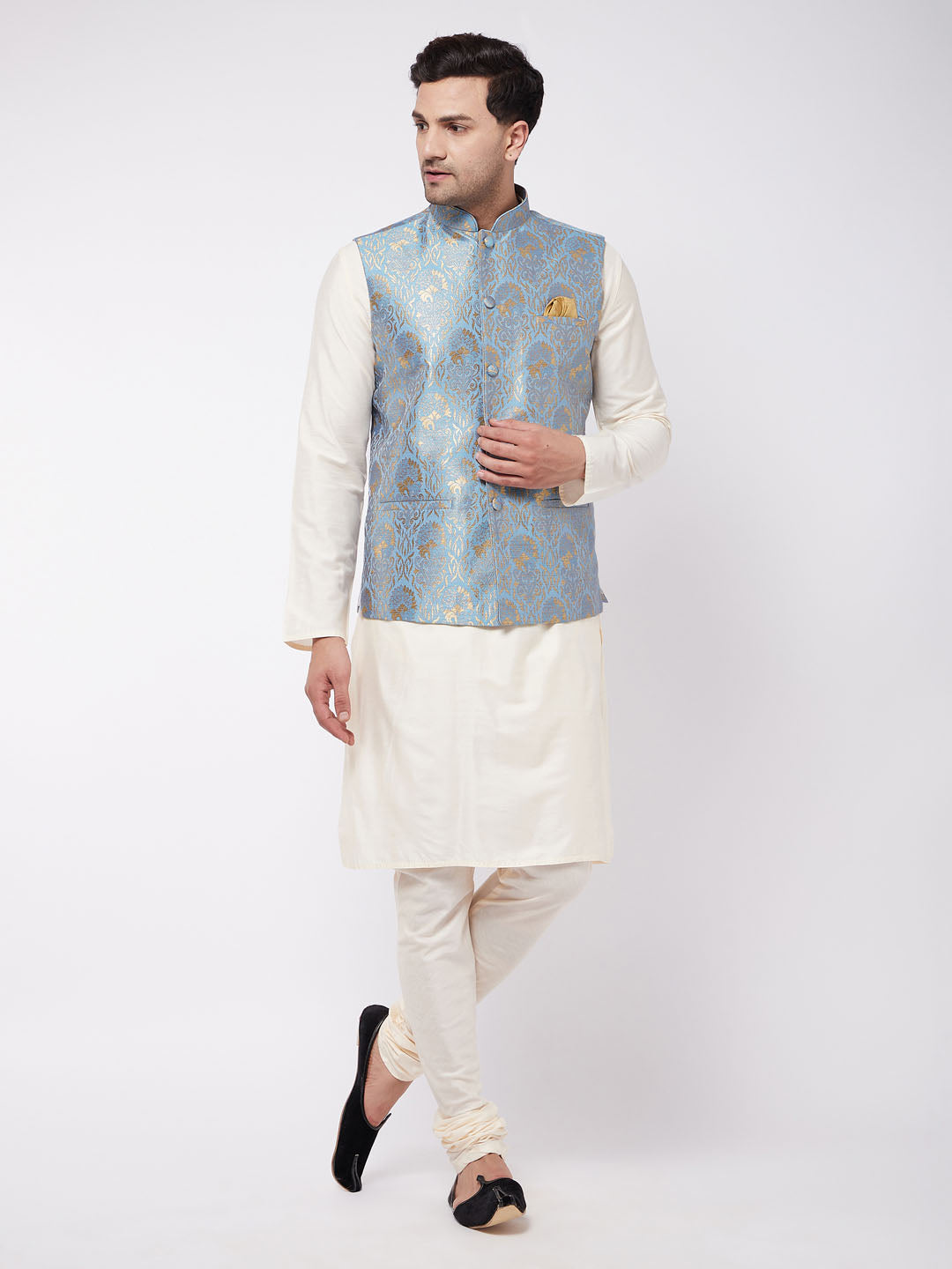 Men's Viscose Cream Kurta And Pyjama With Grey Woven Nehru Jacket