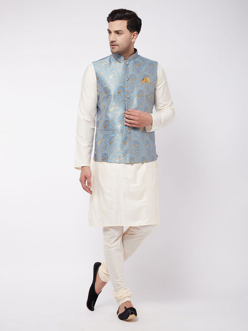 Men's Viscose Cream Kurta And Pyjama With Grey Woven Nehru Jacket