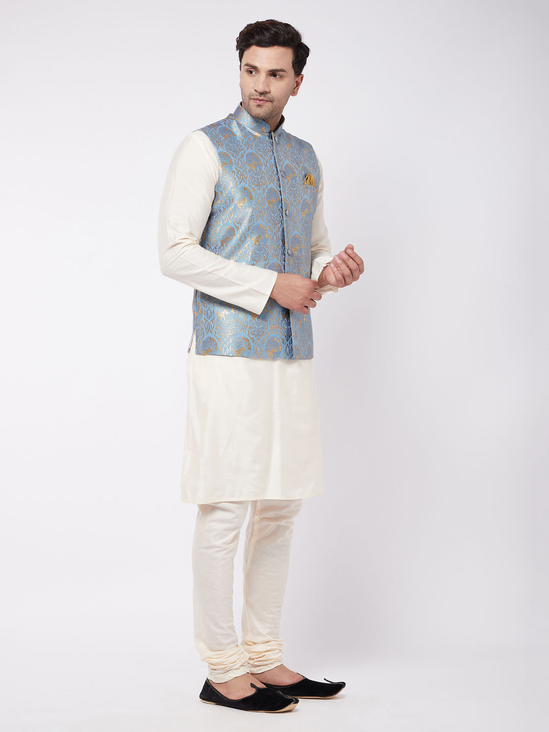 Men's Viscose Cream Kurta And Pyjama With Grey Woven Nehru Jacket