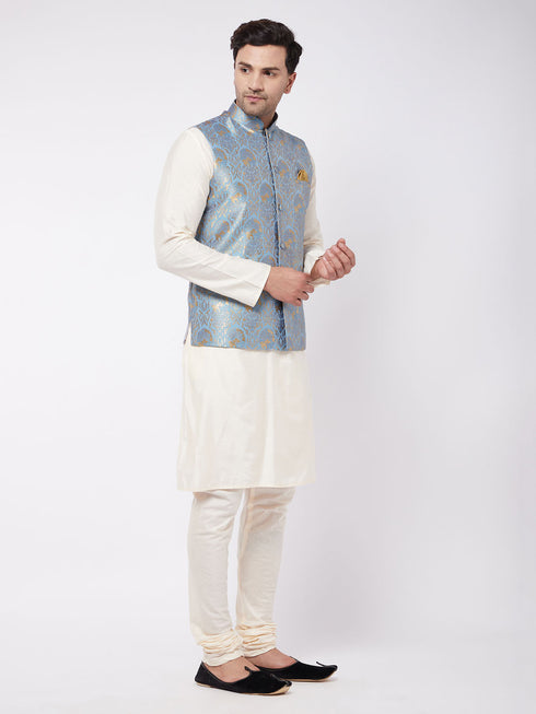 Men's Viscose Cream Kurta And Pyjama With Grey Woven Nehru Jacket