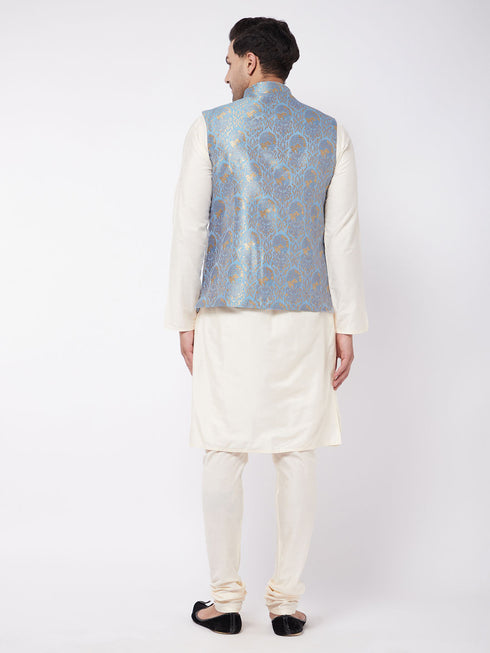 Men's Viscose Cream Kurta And Pyjama With Grey Woven Nehru Jacket