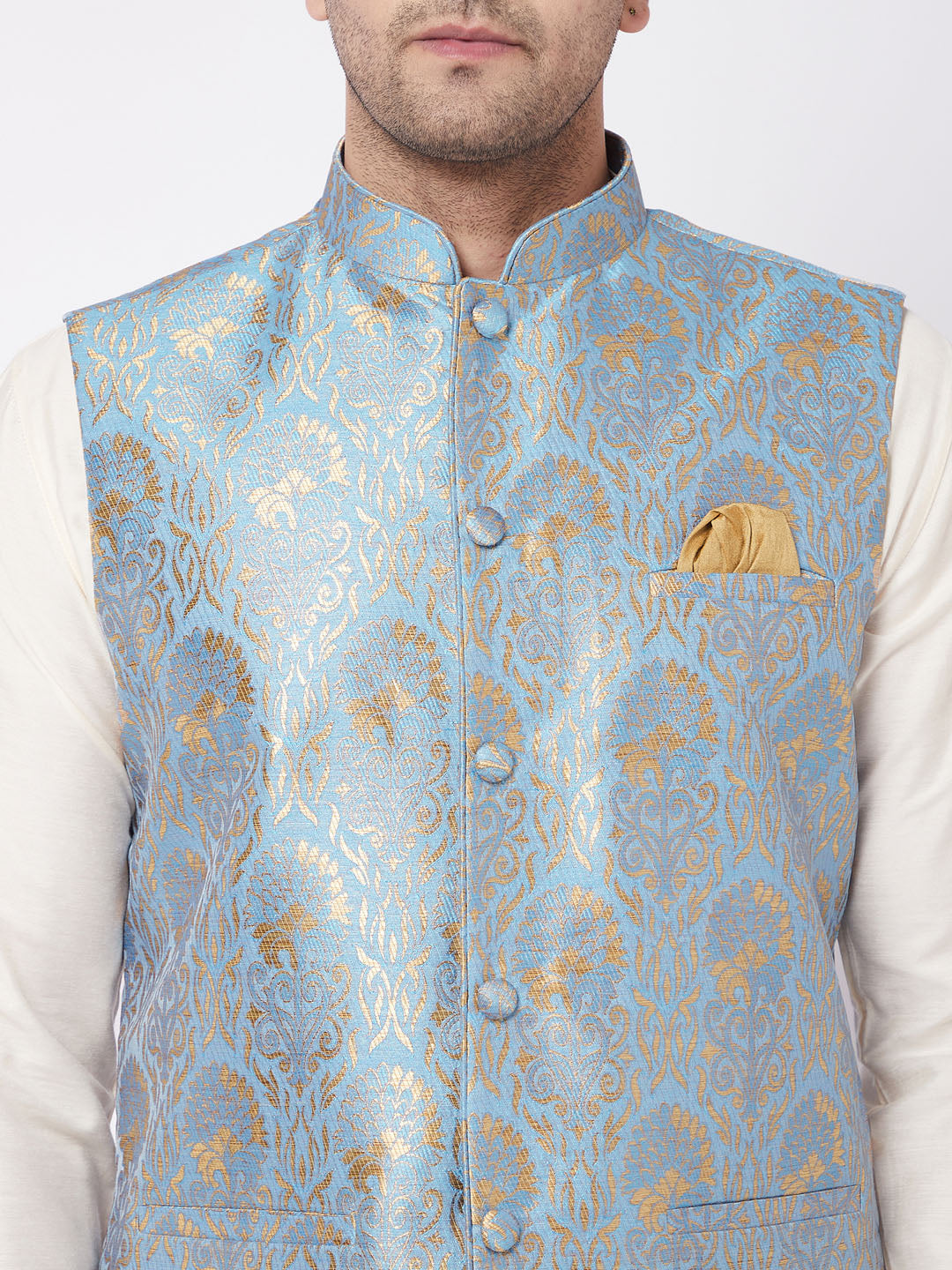 Men's Viscose Cream Kurta And Pyjama With Grey Woven Nehru Jacket