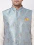 Men's Viscose Cream Kurta And Pyjama With Grey Woven Nehru Jacket