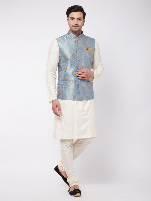 Men's Viscose Cream Kurta And Pyjama With Grey Woven Nehru Jacket