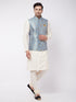 Men's Viscose Cream Kurta And Pyjama With Grey Woven Nehru Jacket